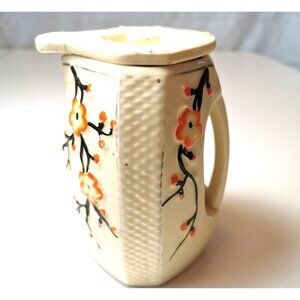 Vtg  60s Japanese Tea Caddy Jar Lidded Octagon Cream Cherry Blossom Sunburst